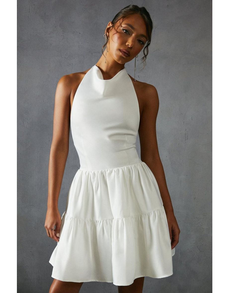 Satin Cowl Halter Neck Layered Mini Dress - 3