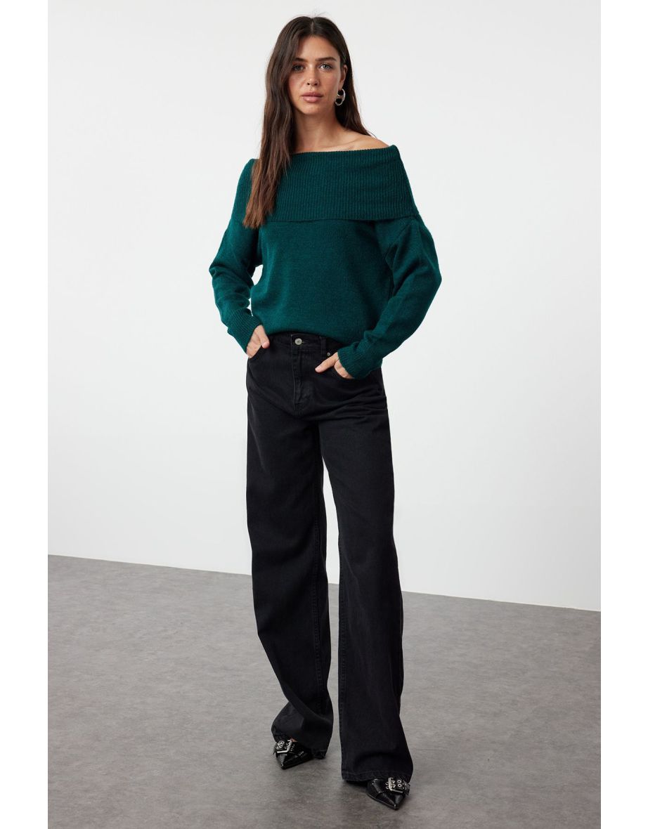 Emerald Green Soft Textured Carmen Collar Knitwear Sweater