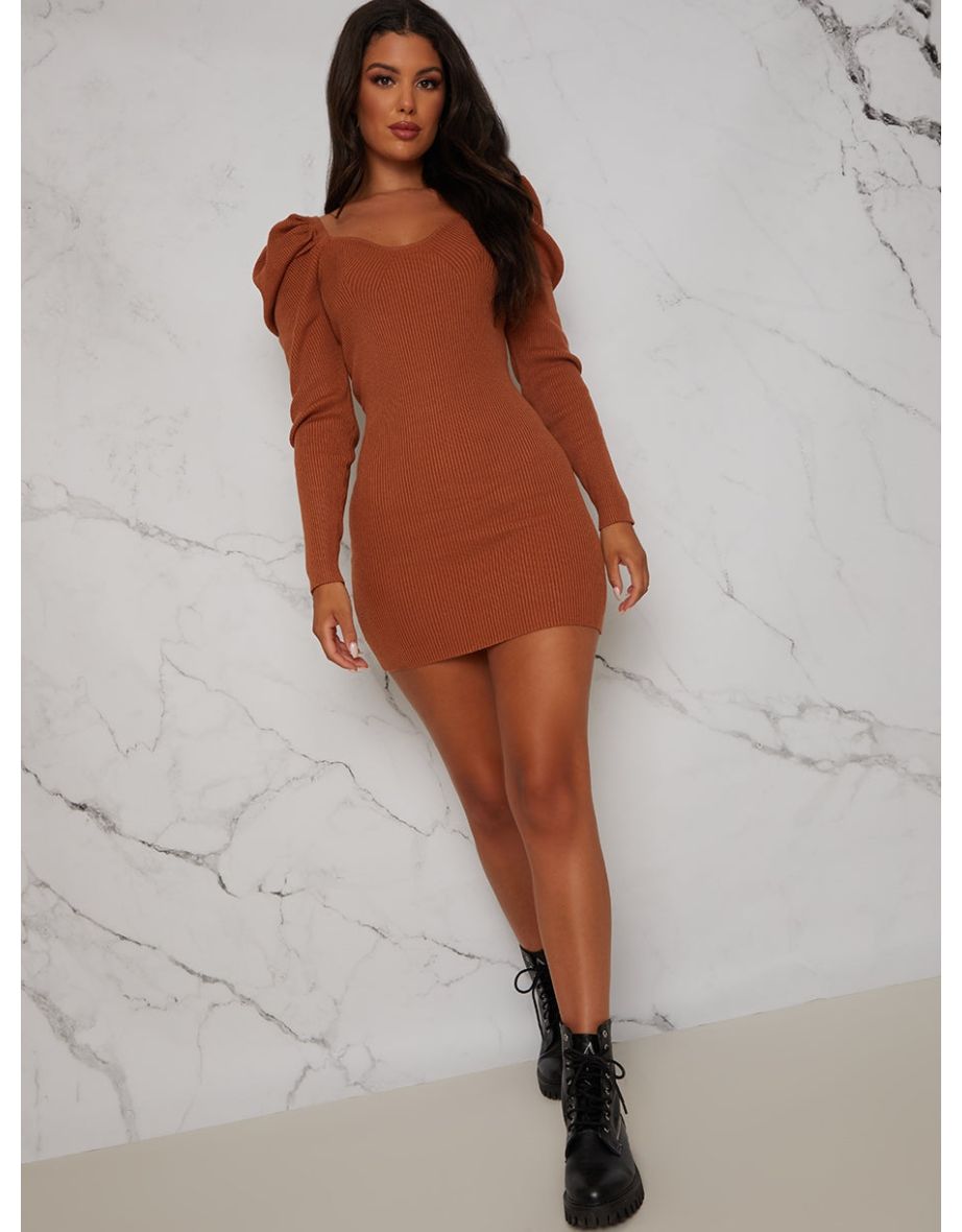 Sweetheart Neckline Puff Sleeve Knitted Jumper Dress in Rust - 3
