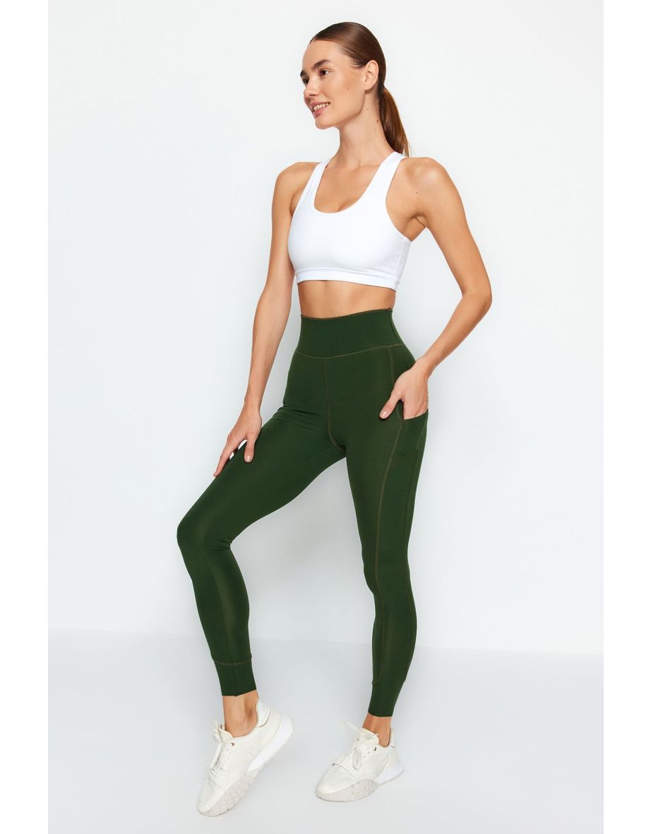 Dark Dull Khaki Matte Full Length Knit Sports Tights with Extra Tummy Tuck