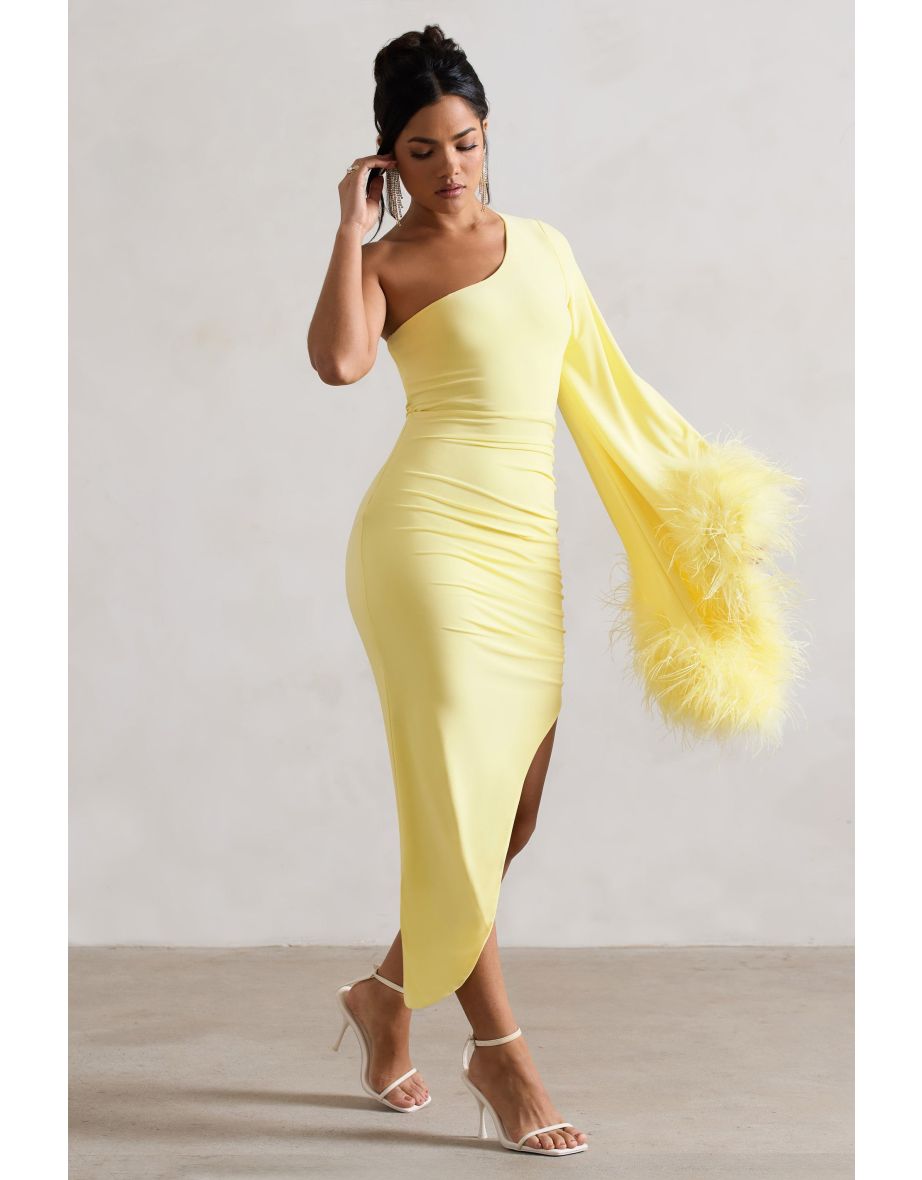 July | Lemon Asymmetric Cape Sleeve Maxi Dress With Feathers - 4
