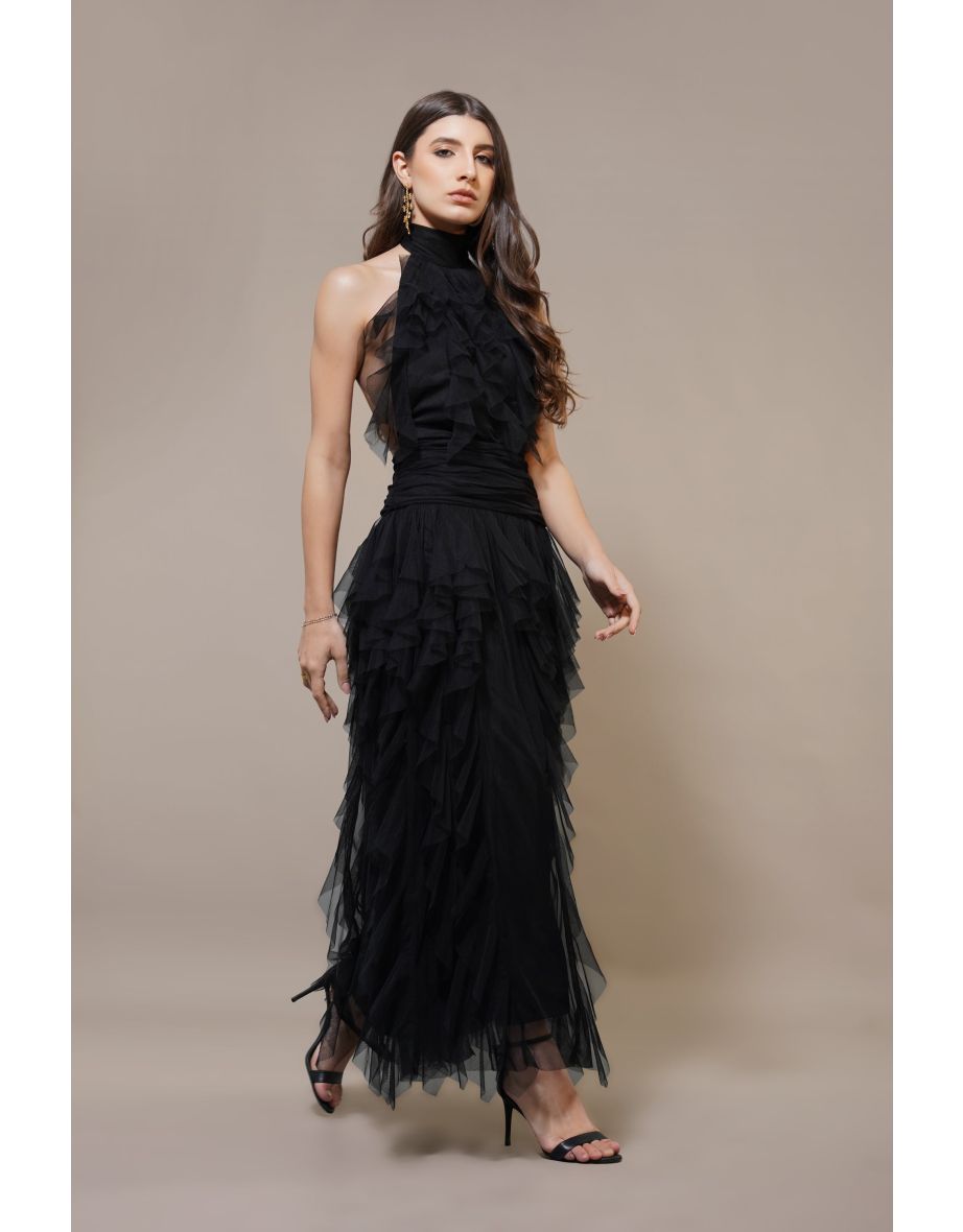 Tabitha Floor Length Ruffle Dress in Black - 5