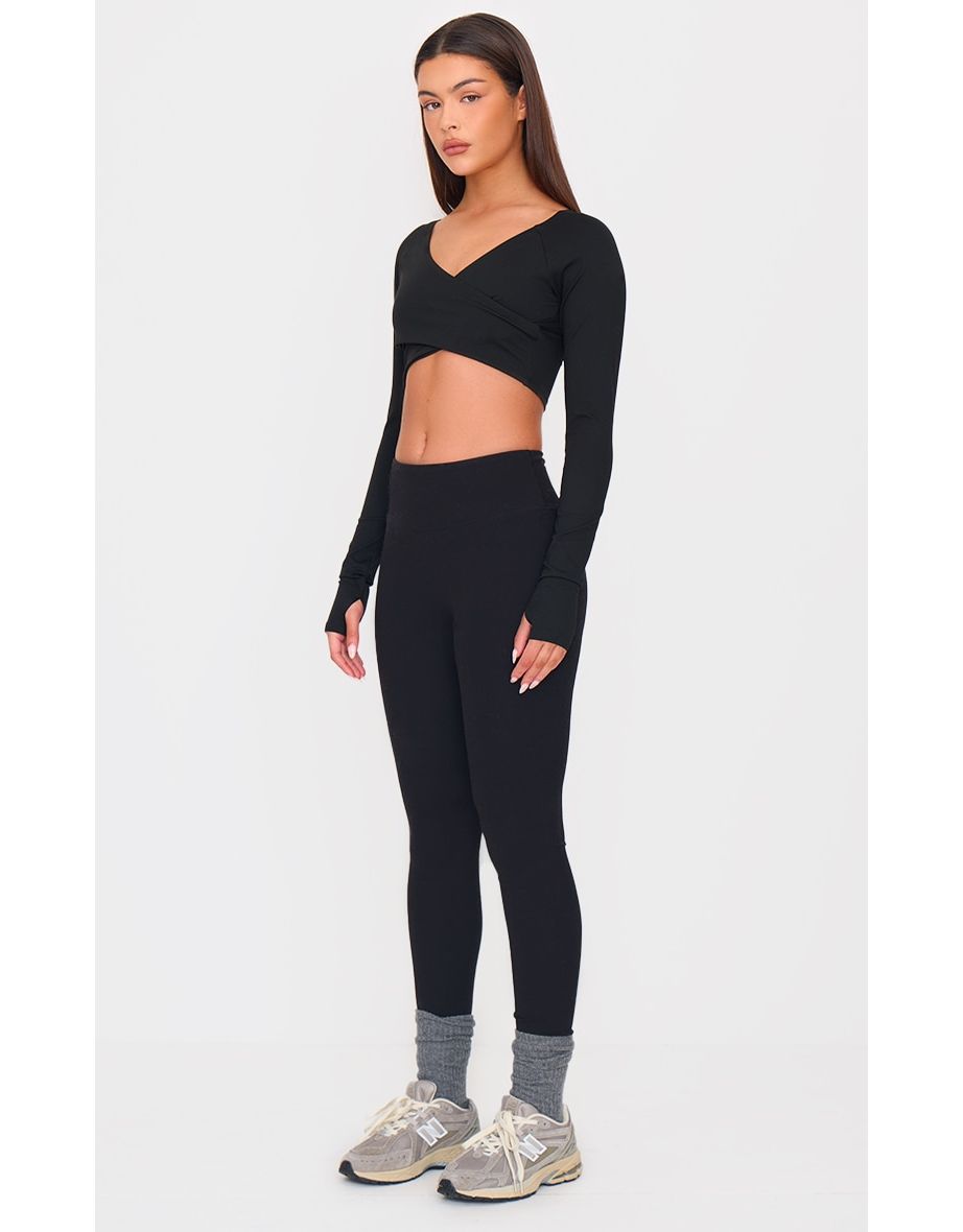 PLT SPORT Deep Black Sculpt Crossover Long Sleeve Gym Crop Top