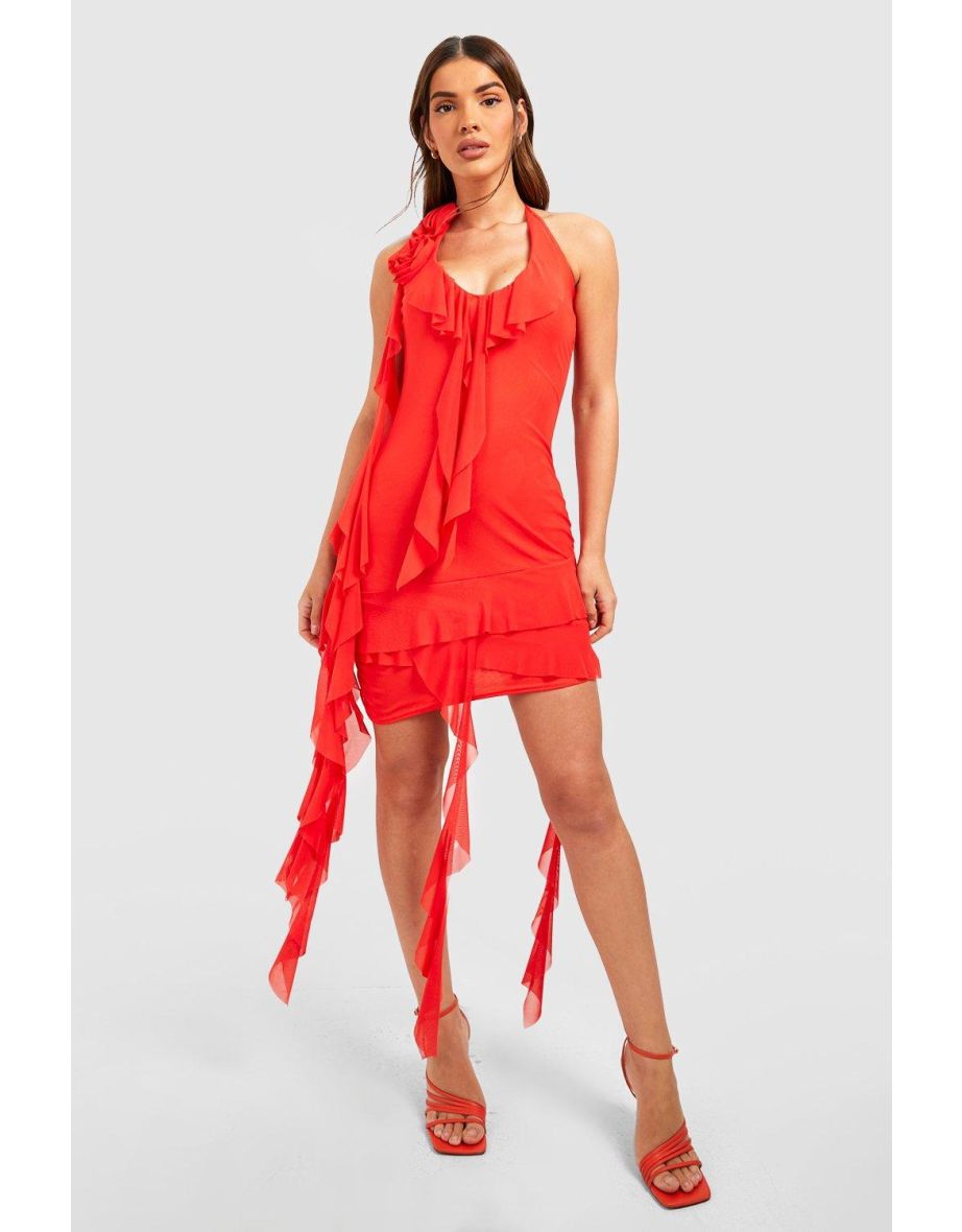 Flower Mesh Ruffle Mini Dress