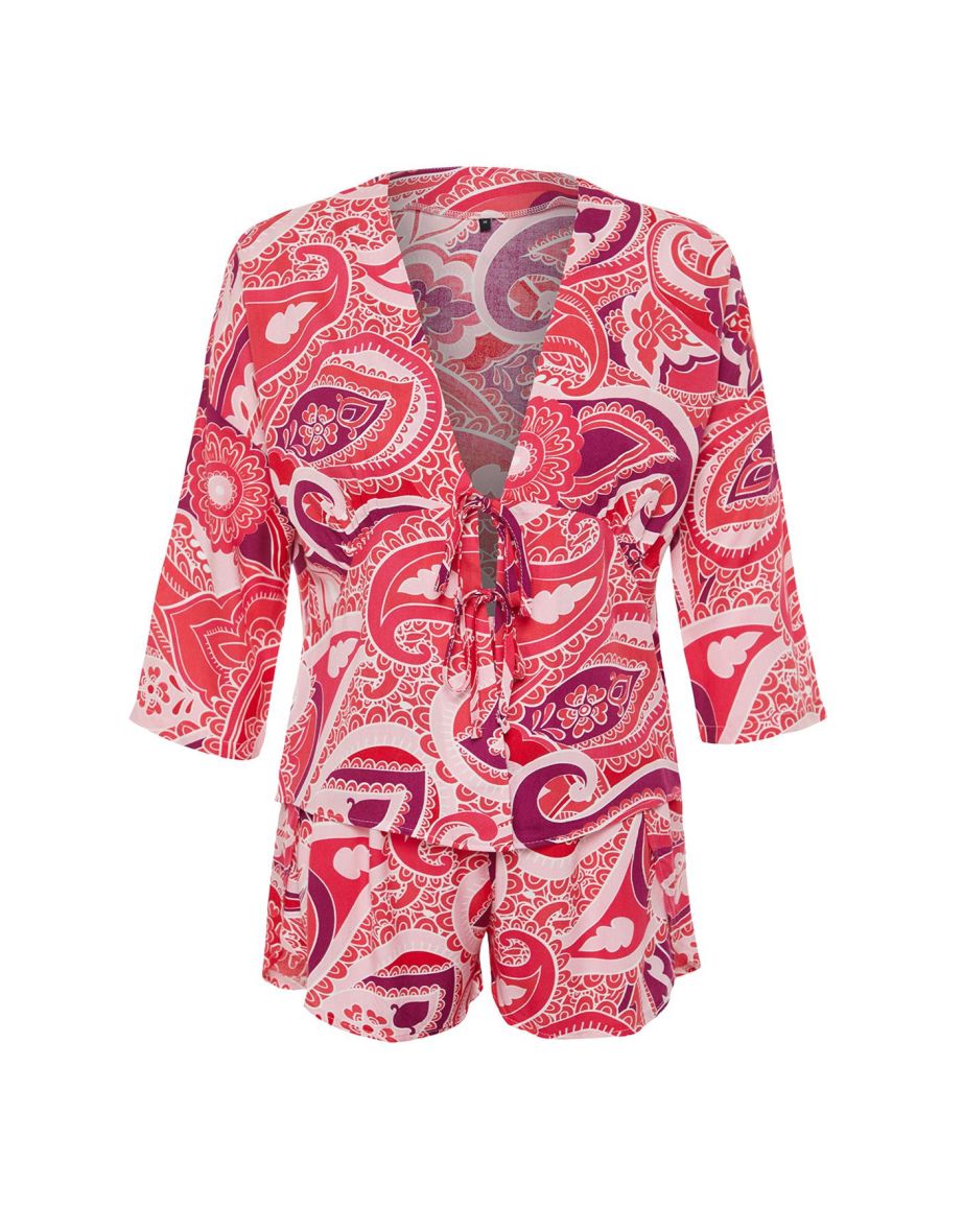 Fuchsia Patterned Tie/Ribbon/Bow Detailed Viscose Woven Pajama Set - 7