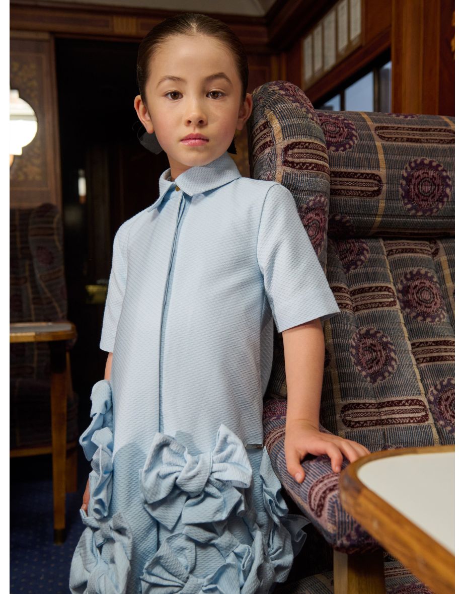 Girls Dotty Jacquard Bow Tie Dress in Blue