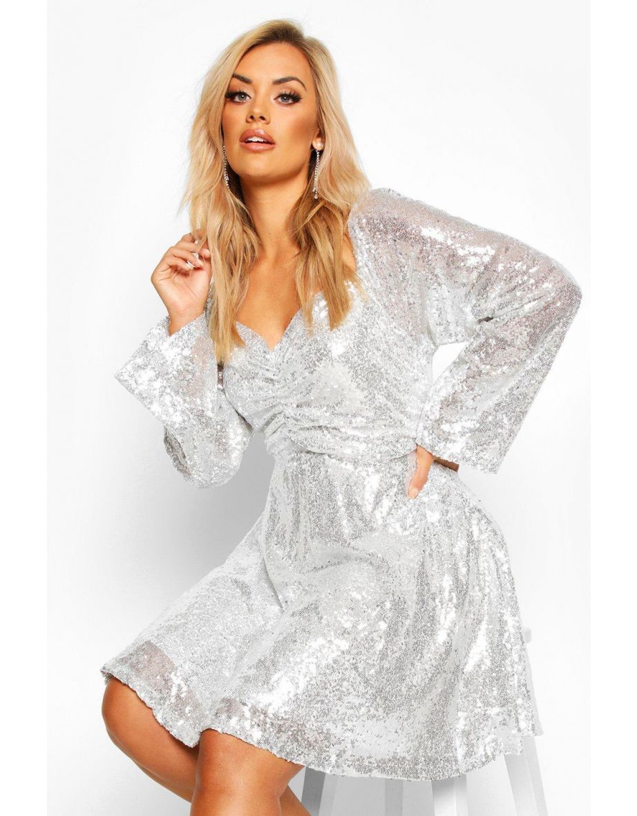 Plus Sequin Puff Sleeve Ruched Detail Skater Dress - silver