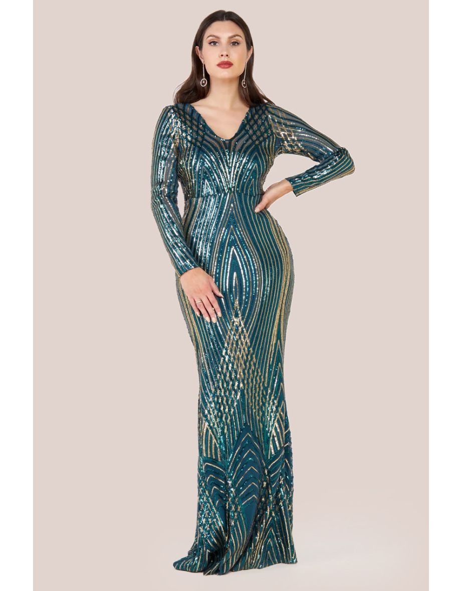 Goddiva Two Toned V Neck Sequin Maxi - Emerald Green