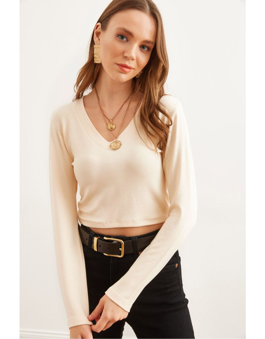 Women's Beige V Neck Soft Touch Flexible Top