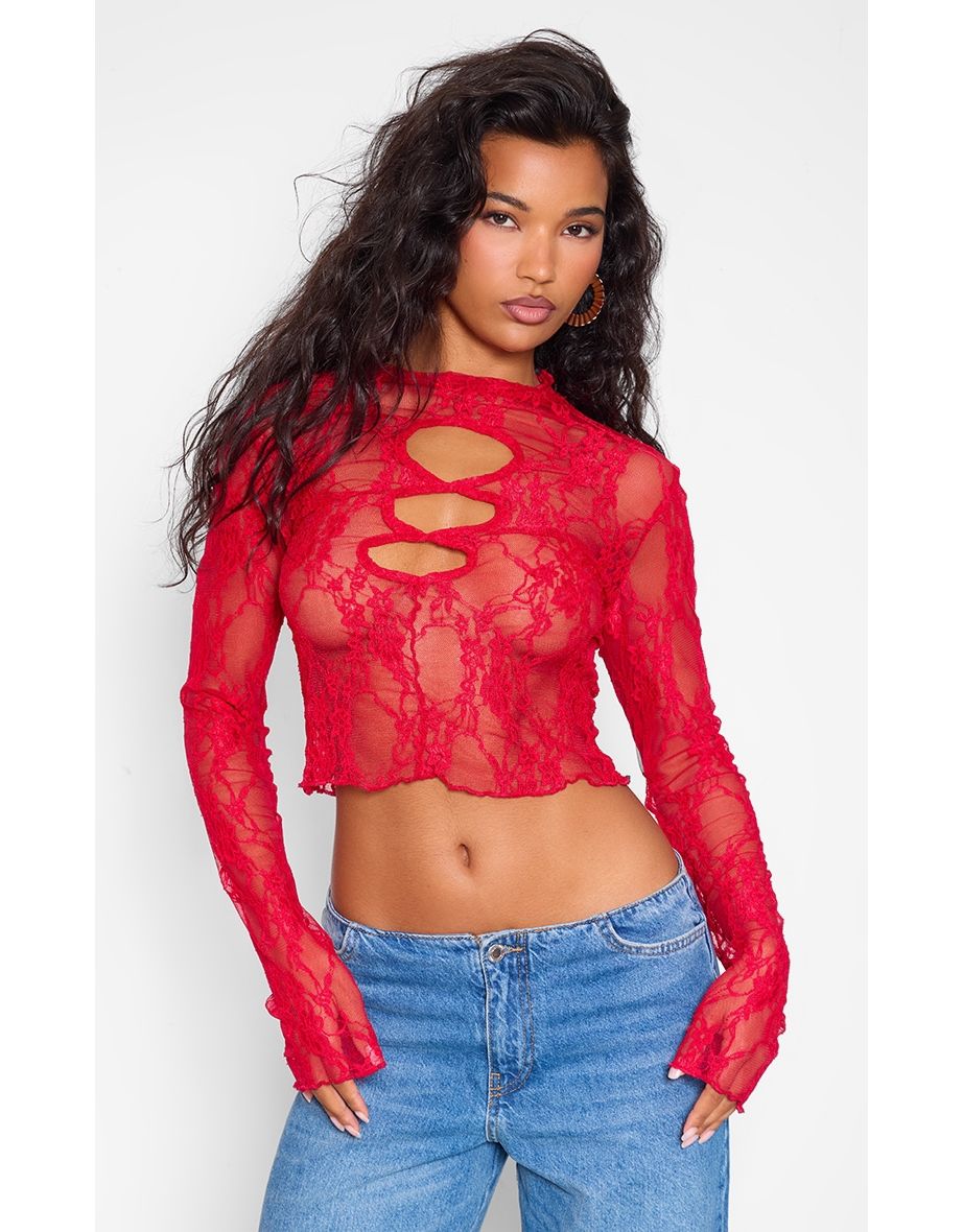 Red Lace Cut Out Long Sleeve Crop Top