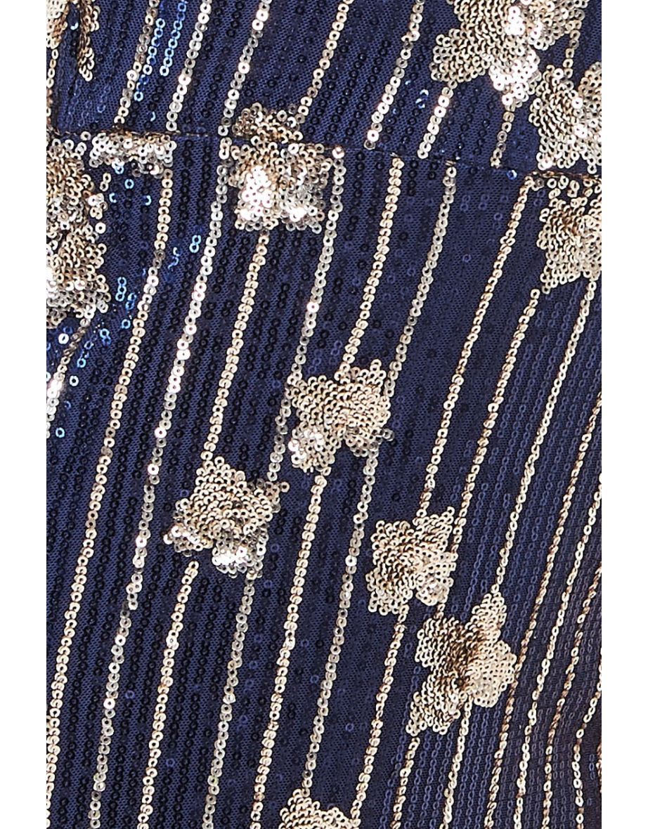 Goddiva Sequin And Feather Boobtube Maxi - Navy - 3