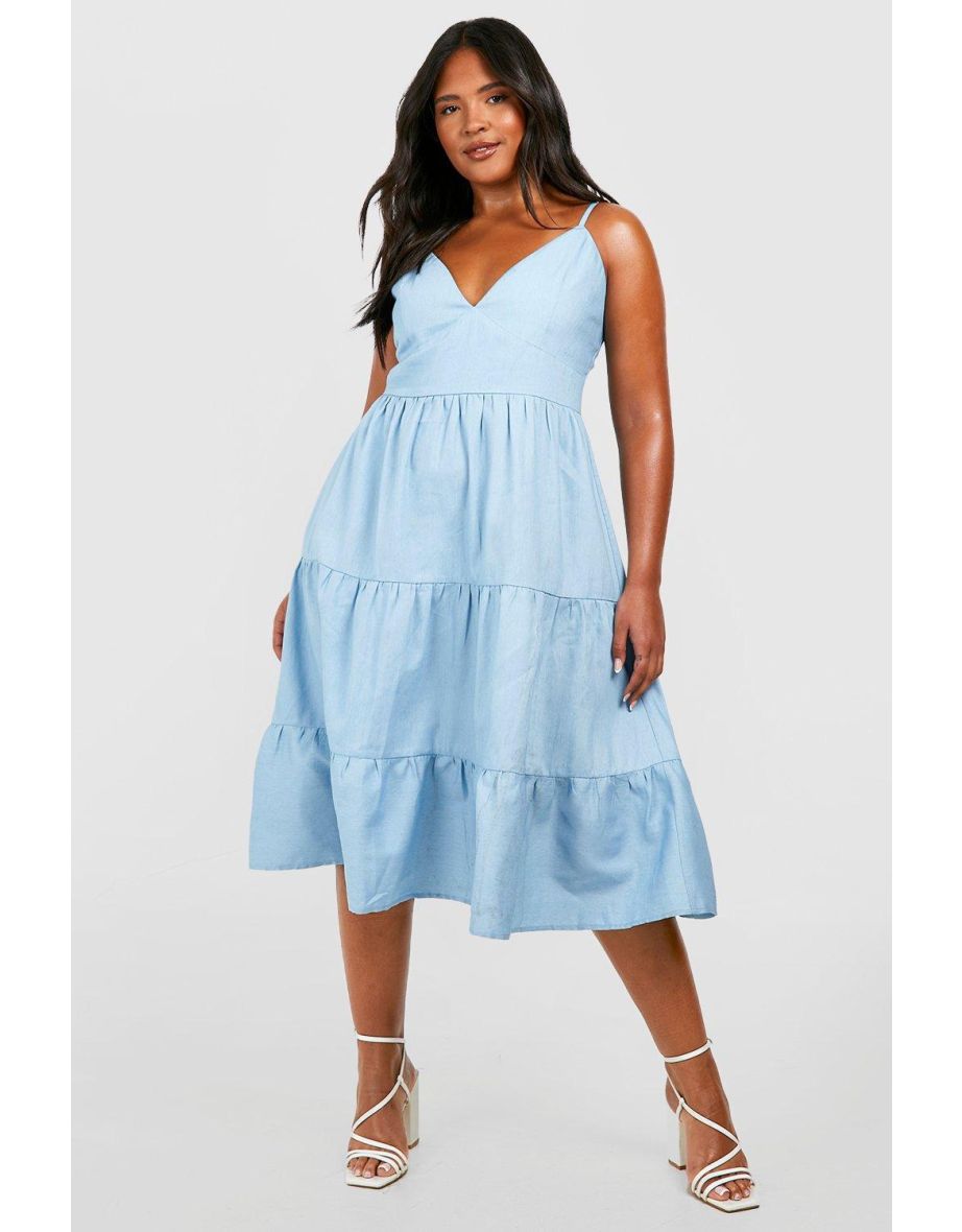 Shop Plus Chambray V Neck Tiered Midi Dress light blue Online in Oman VogaCloset