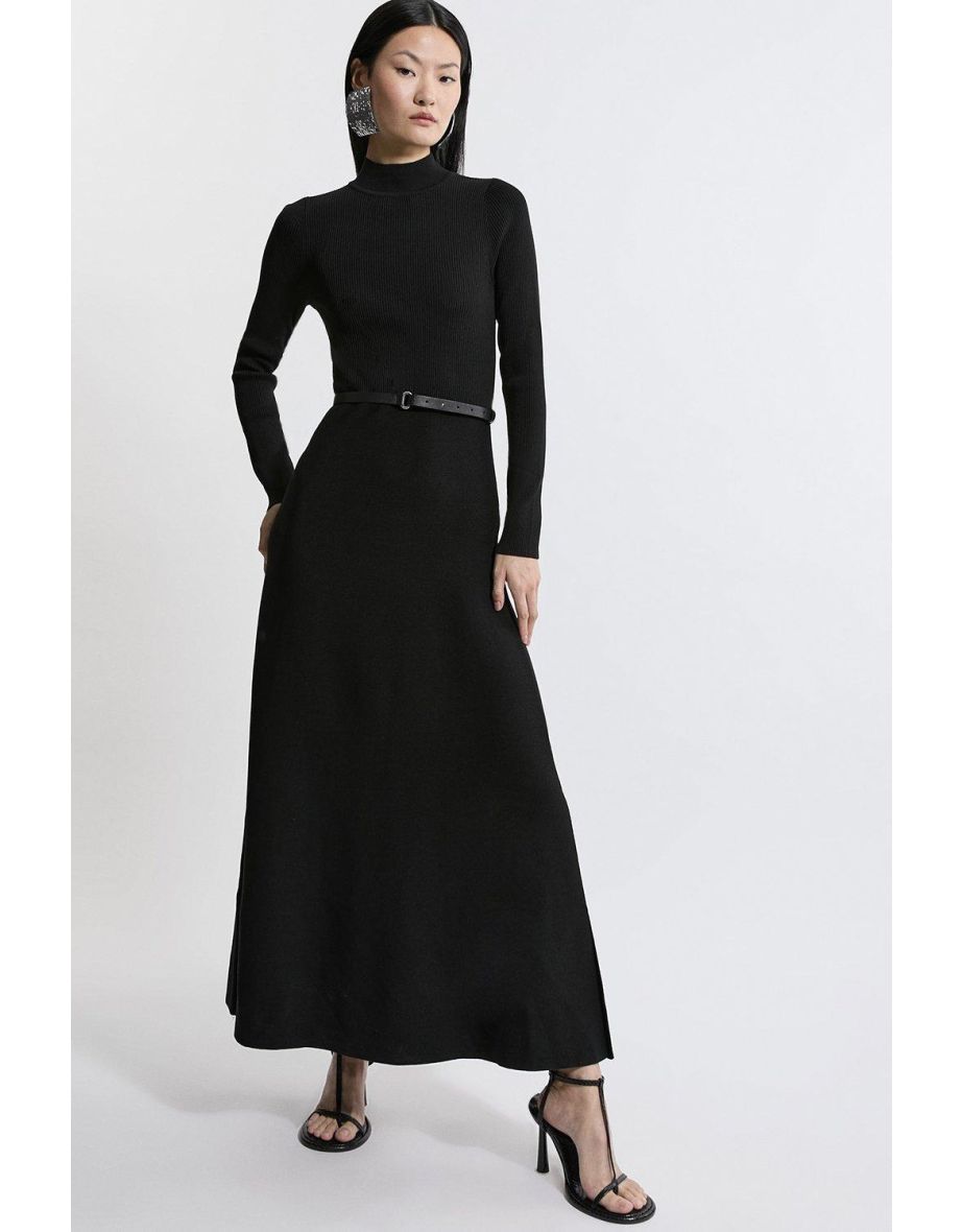 Viscose Blend Rib Knit Belted Maxii Dress
