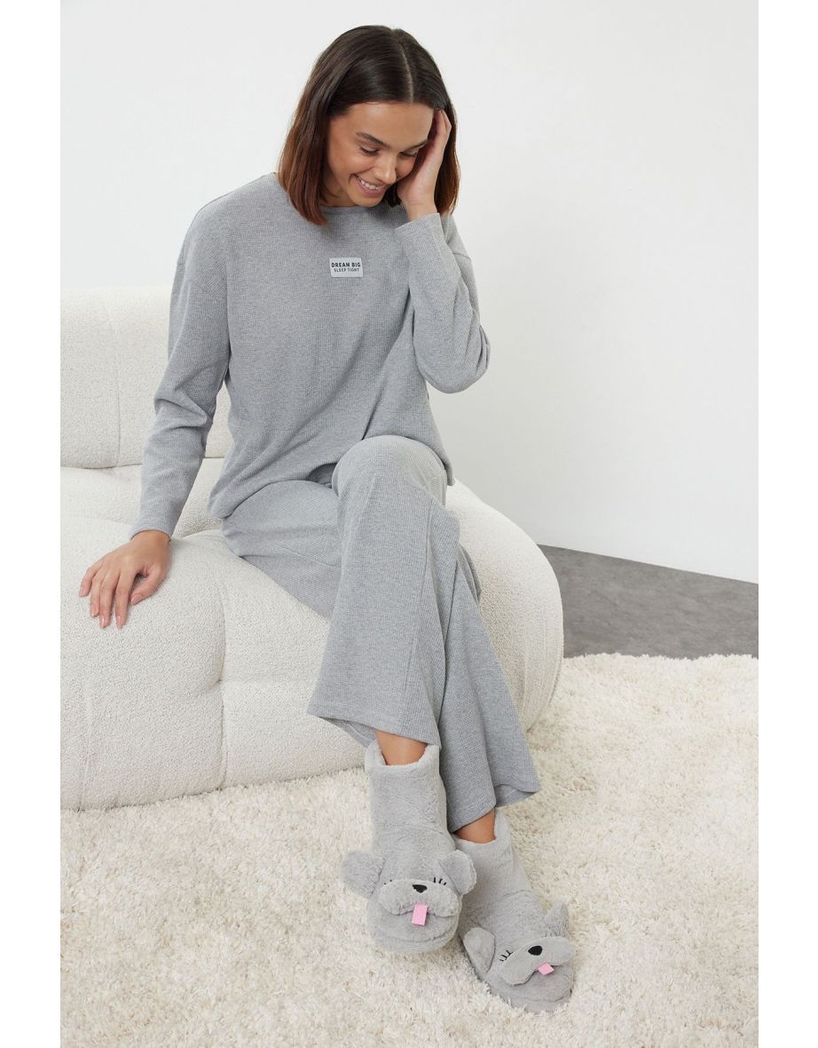 Grey Melange Slogan Label Detailed Waffle Fabric Knitted Pajama Set - 5