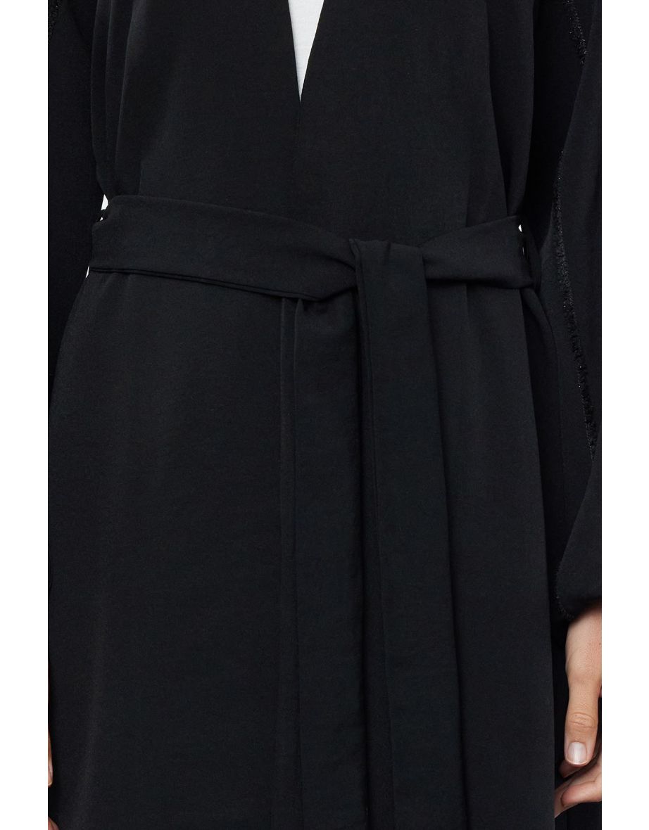 Black Glitter Detailed Woven Cap & Abaya - 6
