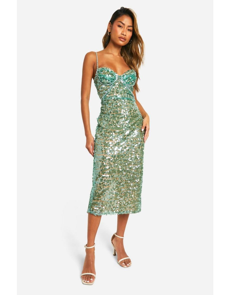 Sequin Diamate Trim Midi Dress - sage