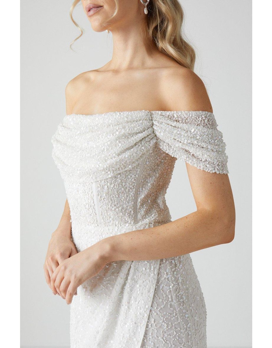 Draped Bardot Cap Sleeve Wrap Skirt Wedding Dress - 3