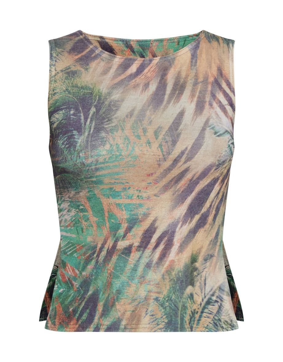 Green Animal Print Slinky Sleeveless Split Hem Longline Top - 4