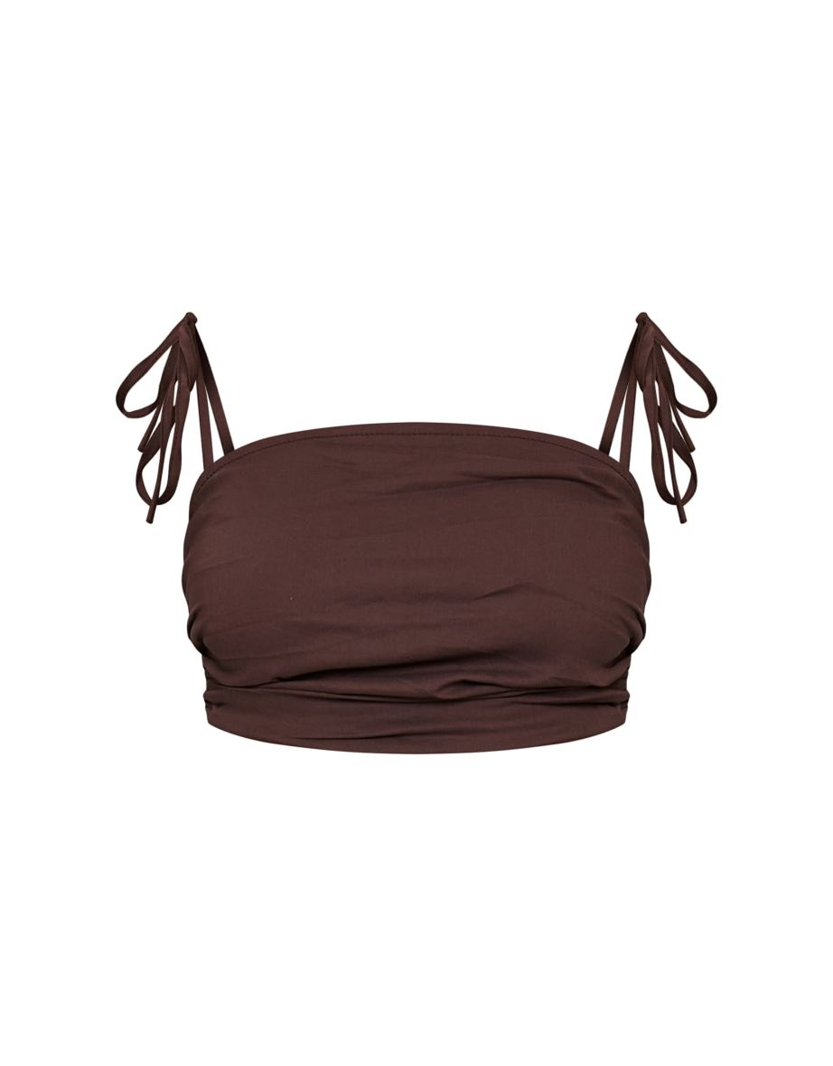 Dark Brown Ruched Tied Strap Crop Top - 4