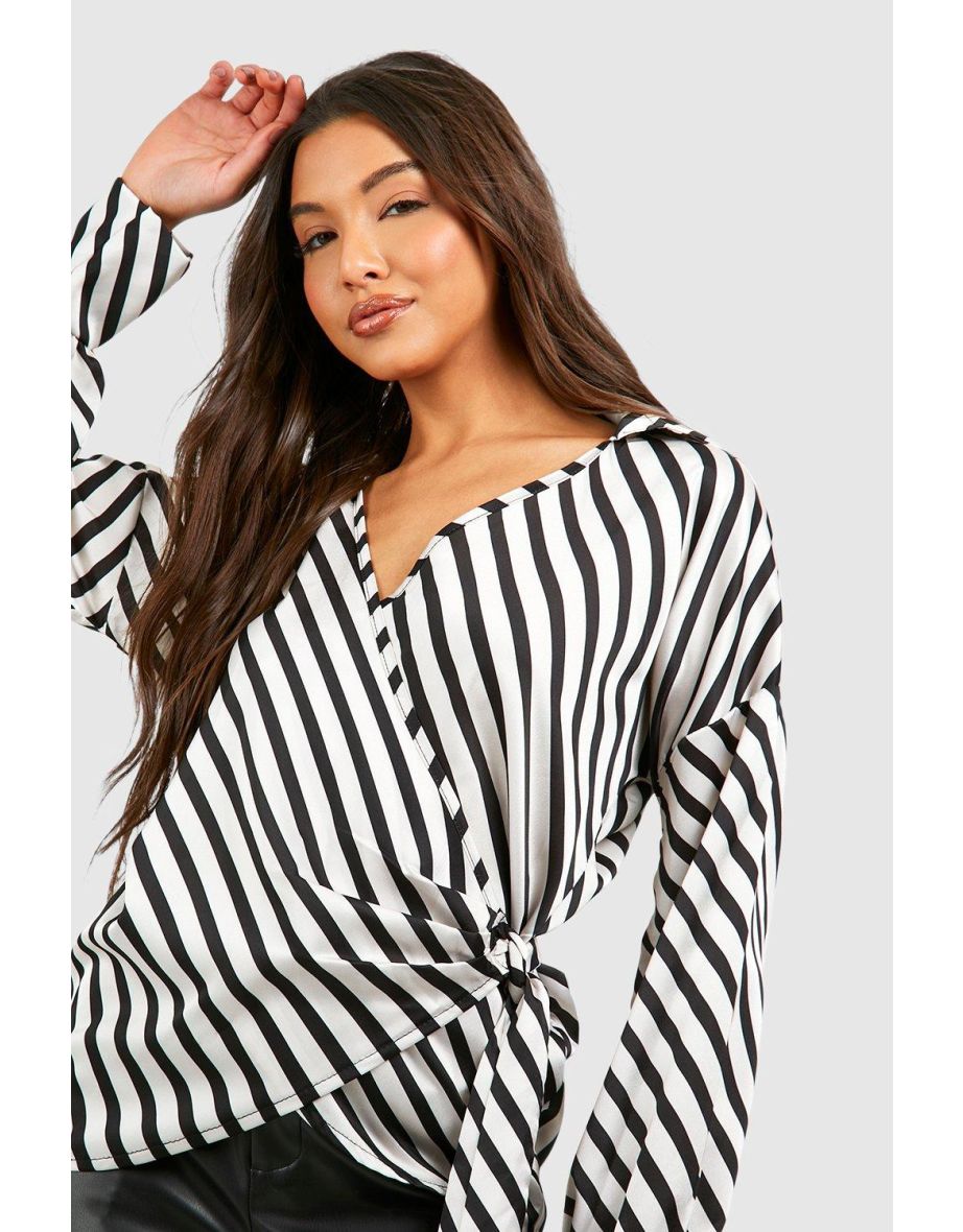 Mono Satin Stripe Wrap Front Tie Waist Shirt - 3