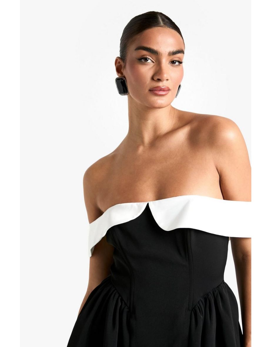 Contrast Bardot Structured Skater Dress - black - 3