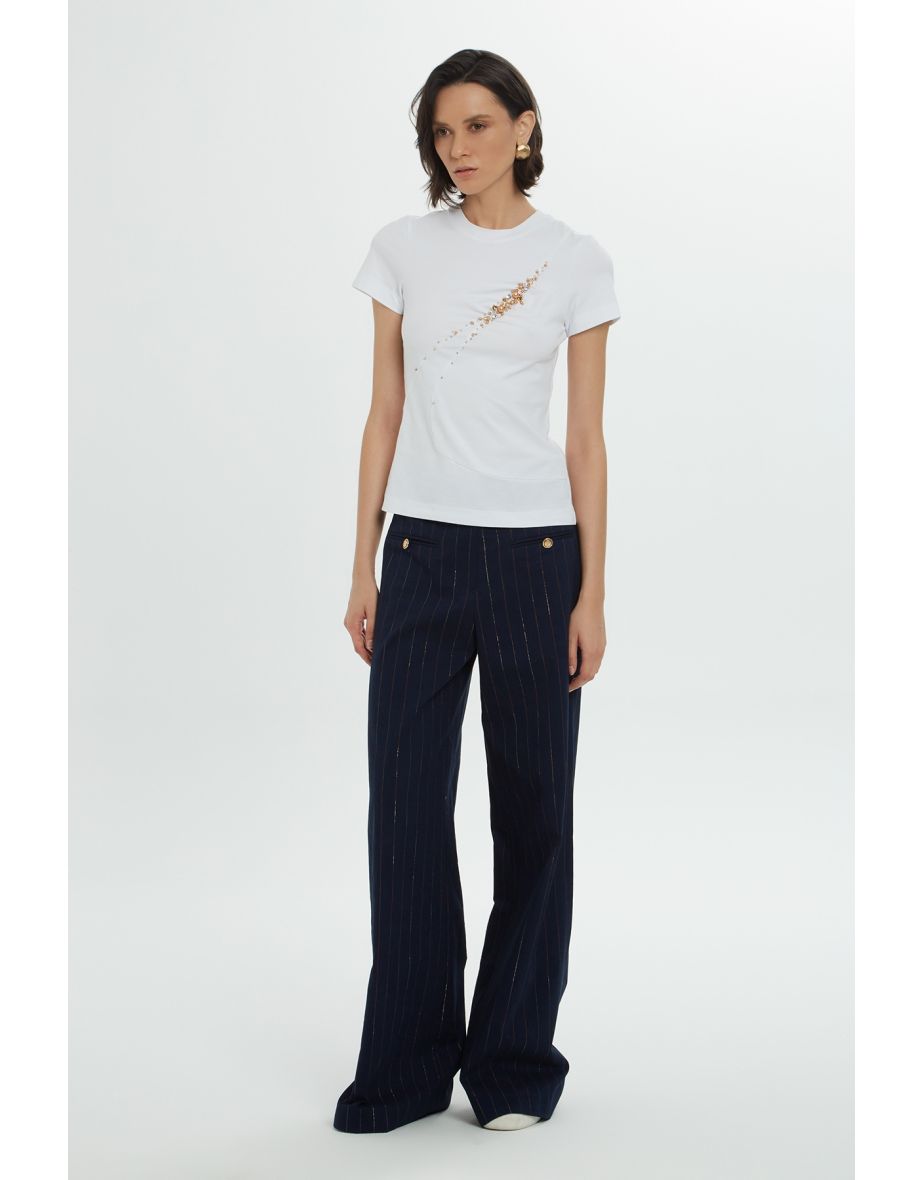 White Short Sleeve T-shirt with Pearl and Stone Details