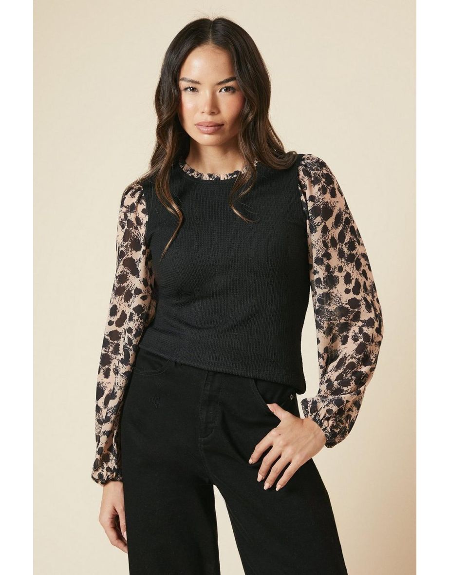 Leopard Print 2IN1 Contrast Sleeve Top - 3