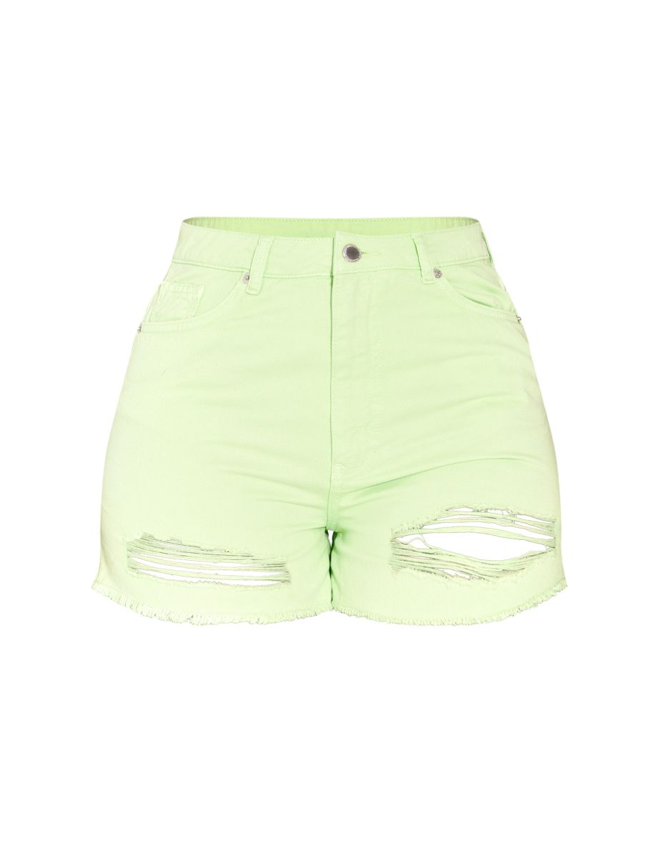 PRETTYLITTLETHING Shape Washed Green Ripped Denim Shorts - 5