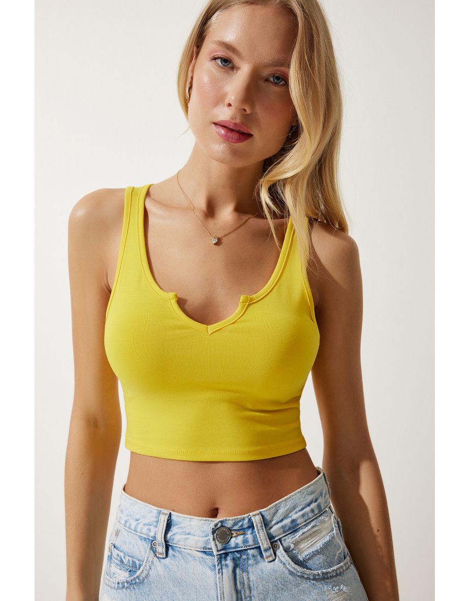 Women's Yellow Strap Crop Knitted Blouse