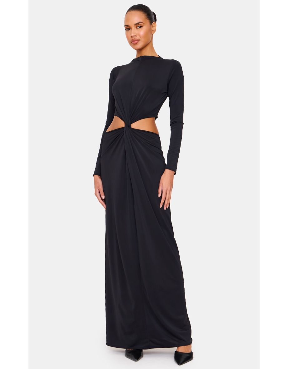 Black Matte Sculpt Cut Out Twist Long Sleeve Maxi Dress