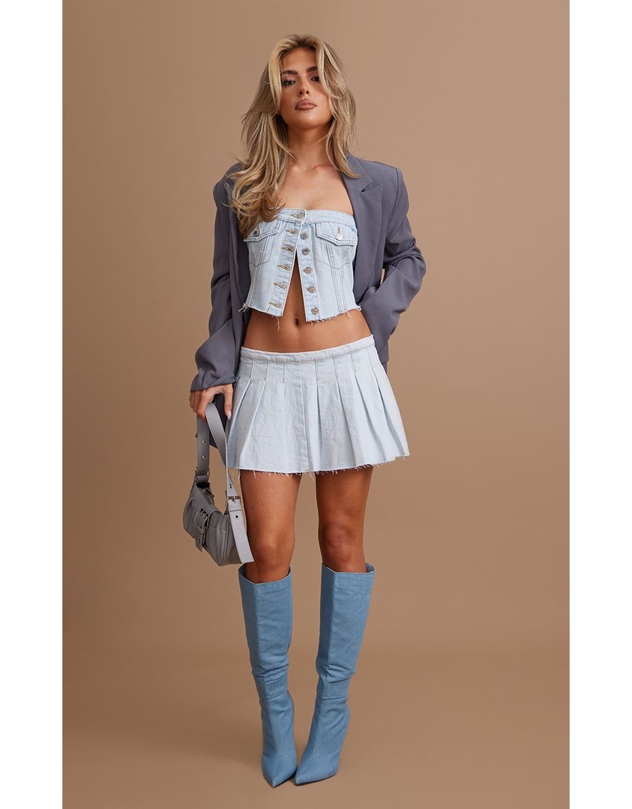 Light Blue Wash Low Rise Denim Mini Tennis Skirt
