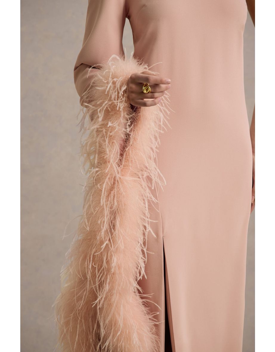 Armina | Blush Pink One-Shoulder Feather-Trim Maxi Dress - 5