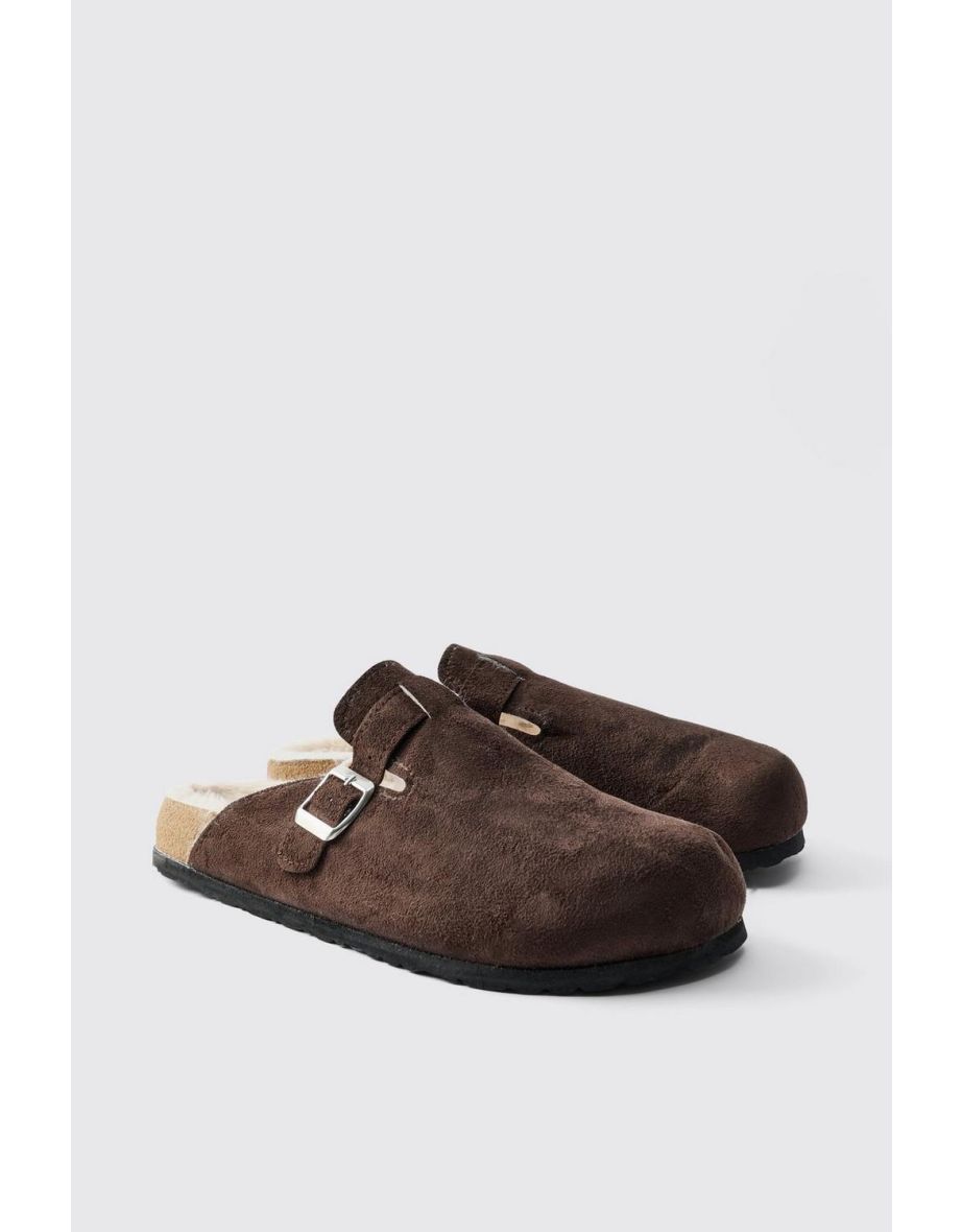 Faux Suede Sherpa Lined Mule In Brown