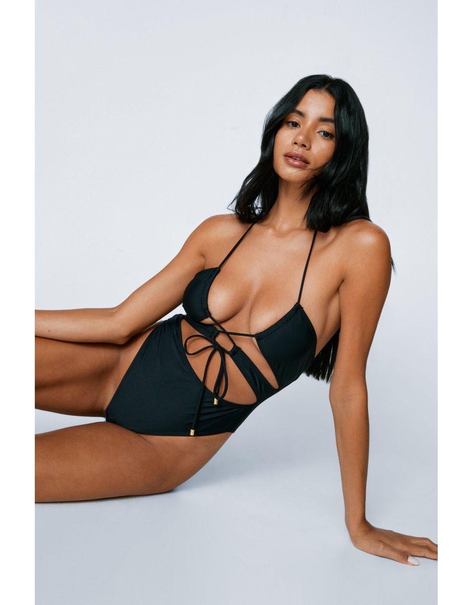 Recycled Ruched Tie Cut Out Halterneck Swimsuit