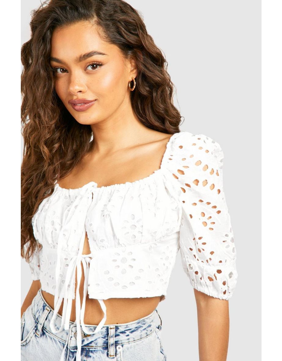 Embroidery Short Sleeve Crop Top - white - 3