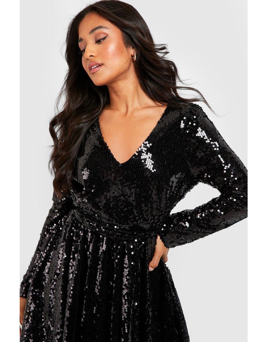 Petite Sequin Wrap Belted Skater Dress - black - 3