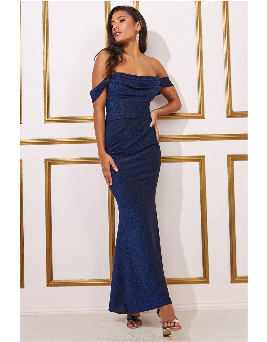 Goddiva Lurex Cowl Neck Off The Shoulder Maxi - Royal Blue