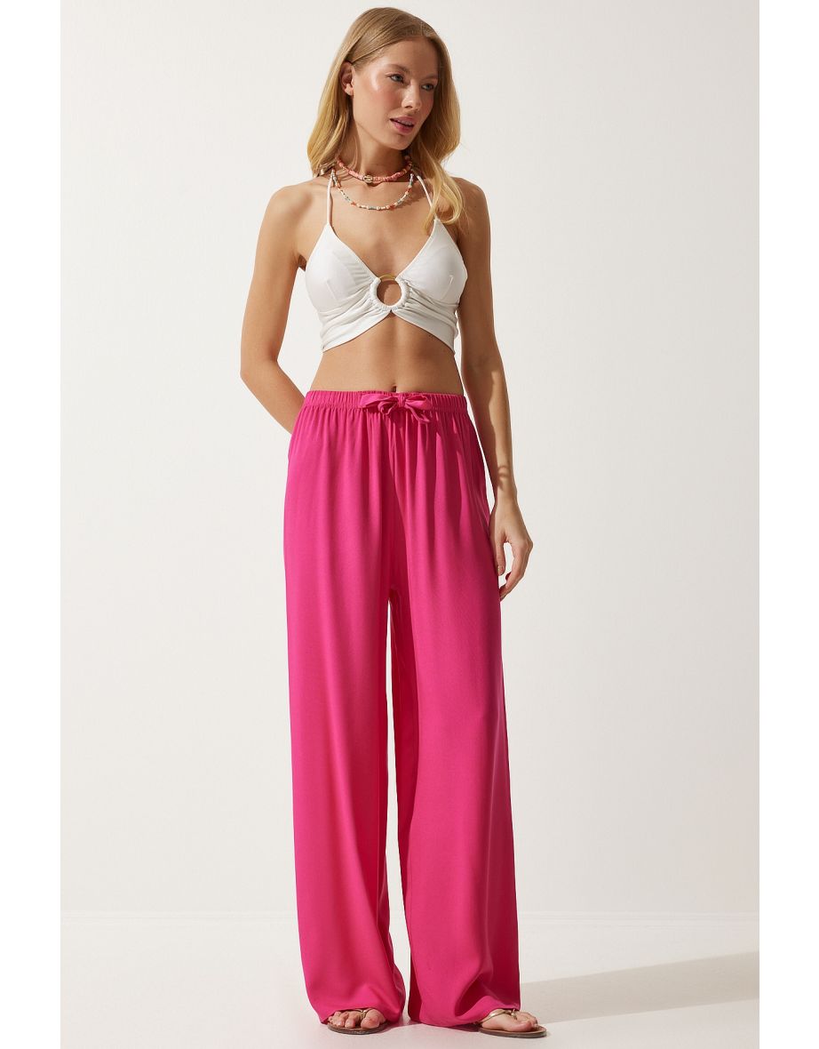 Women's Fuchsia Flowy Knitted Palazzo Trousers