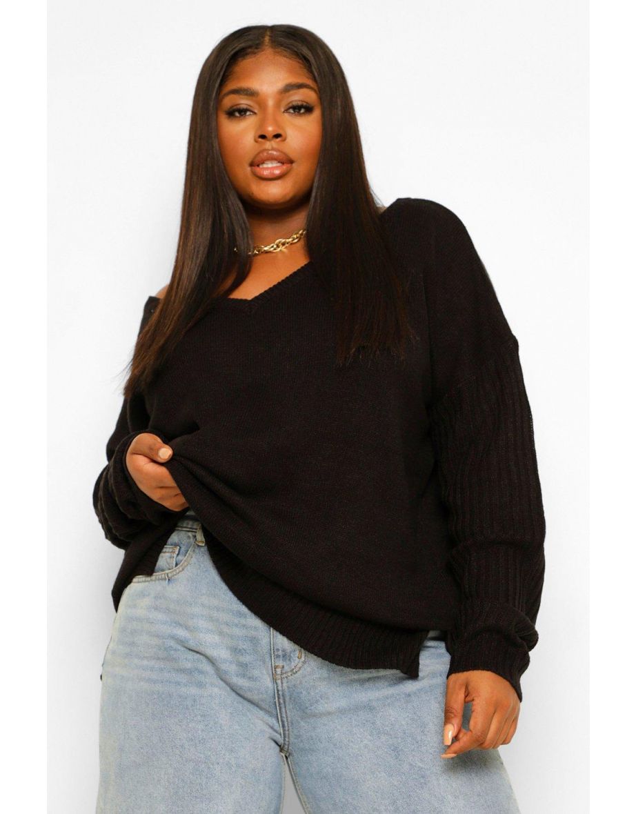 Plus Jumper V Neck Detail Front And Back - black