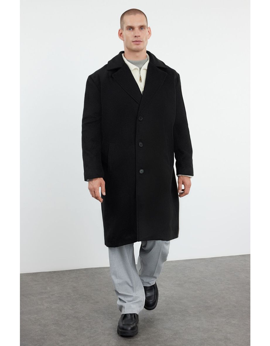 Black Men's Oversize Fit Winter Wool Blend Winter Coat