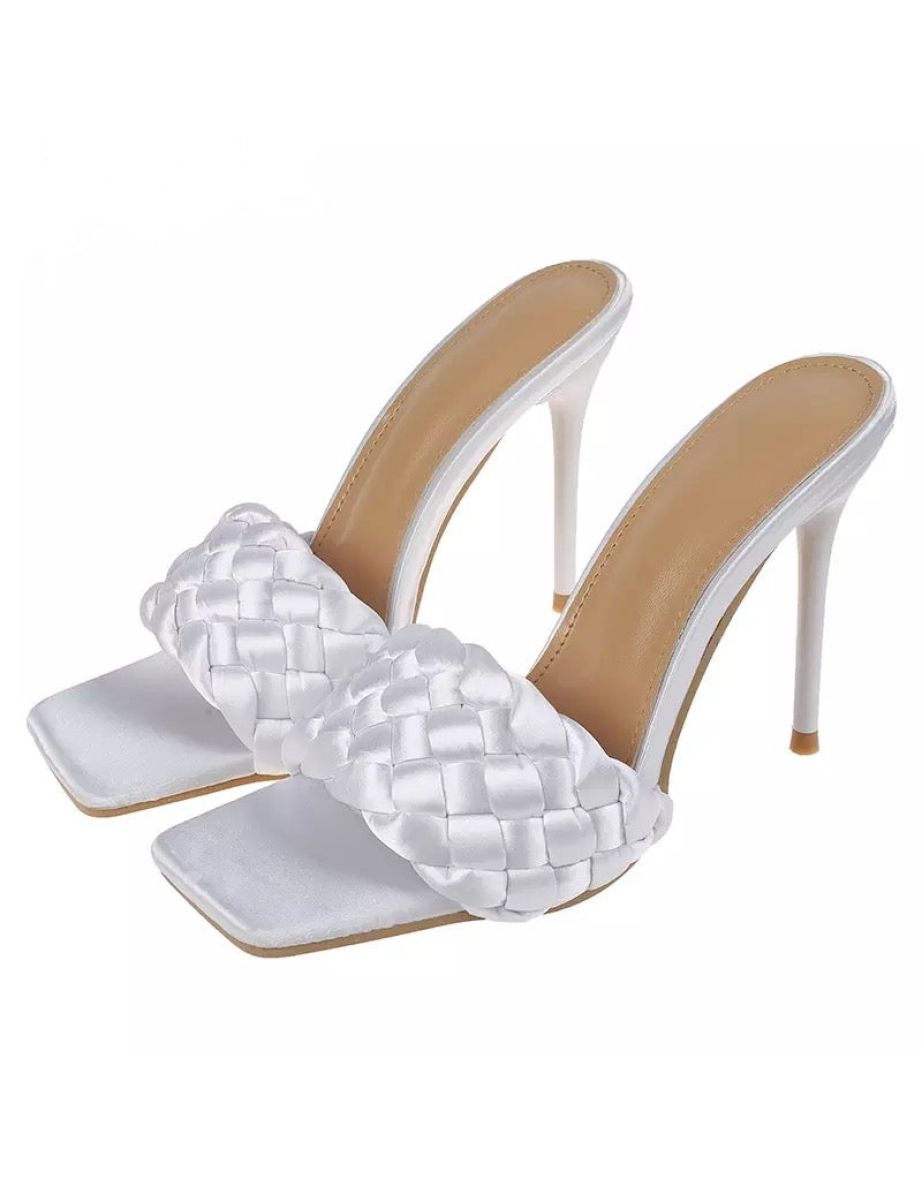 WHITE SATIN BRAIDED SQUARE TOE HIGH HEEL SANDALS