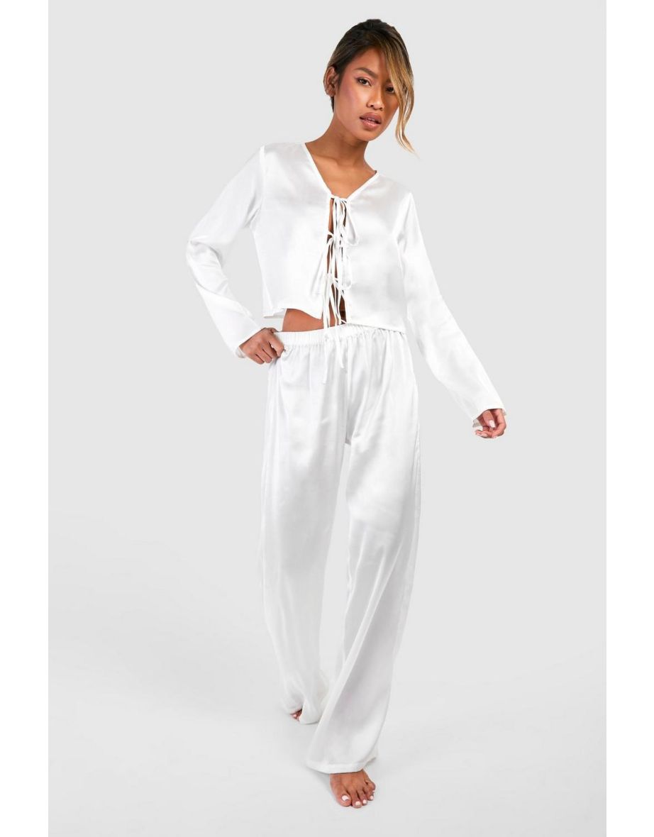 Shop Tie Front Satin Trouser Pyjama Set white Online in Qatar VogaCloset