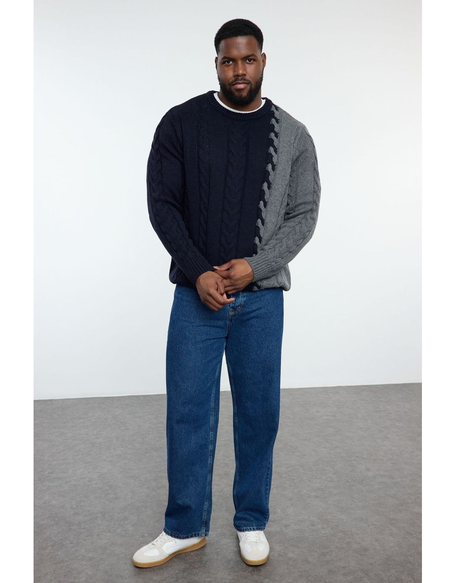 Navy Blue FL Men's Slim Crew Neck Color Block Knitwear Plus Size Sweater