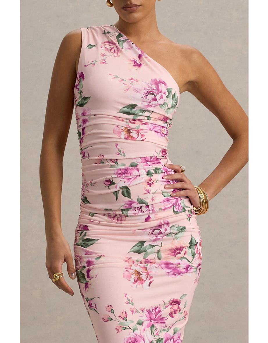 Dalarie | Pink Floral Print One-Shoulder Gathered Maxi Dress - 5