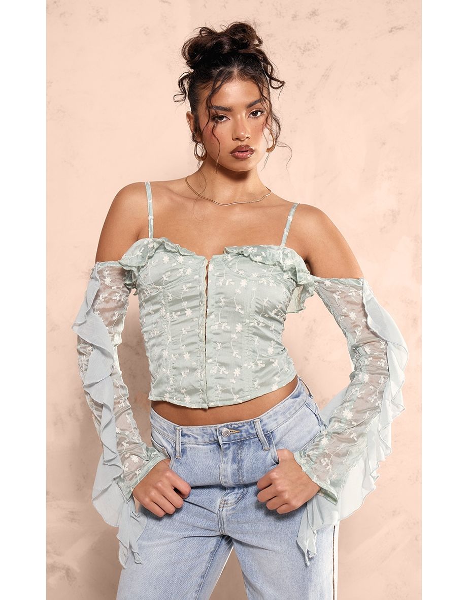 Sage Green Applique Detail Woven Hook & Eye Frill Boned Bardot Corset