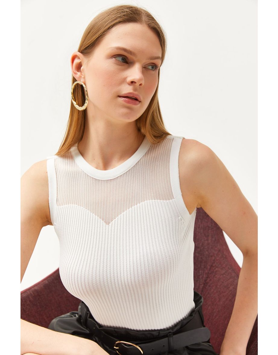 Women's White Roba Sheer Ribbed Knitwear Blouse
