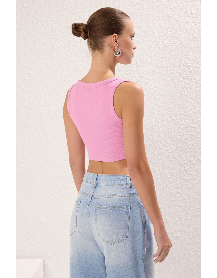 Pink Strappy Crop Ribbed Stretch Knit Undershirt - 3