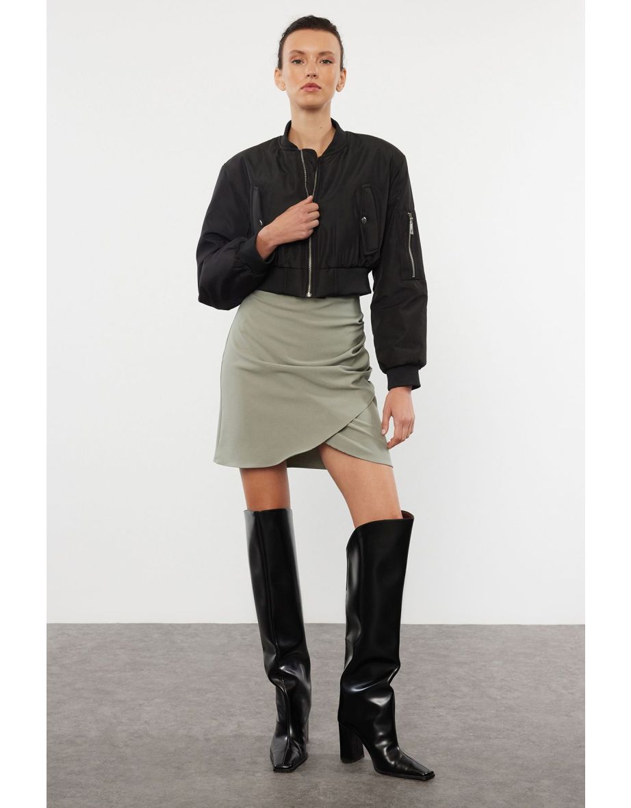 Khaki Ruffle Detailed Double Breasted Mini Woven Skirt