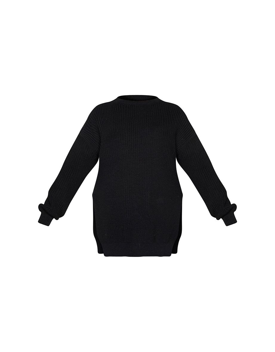 Plus Black Round Neck Side Split Jumper - 4
