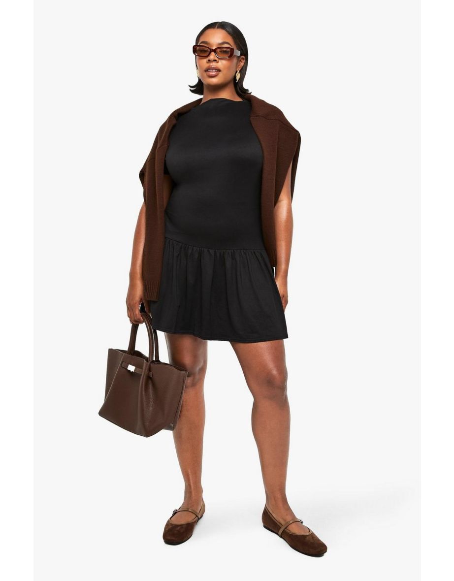PLUS SUPERSOFT HIGH NECK DROP HEM SKATER DRESS - black